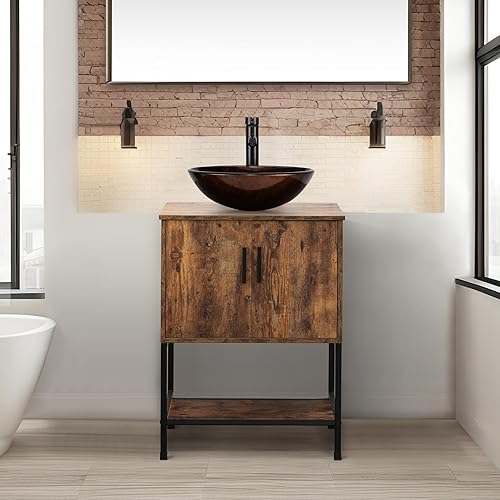UEV Tocador de baño antiguo de 24 pulgadas, juego de tocador de baño marrón oscuro con combinación de fregadero, armario de baño de madera de hierro