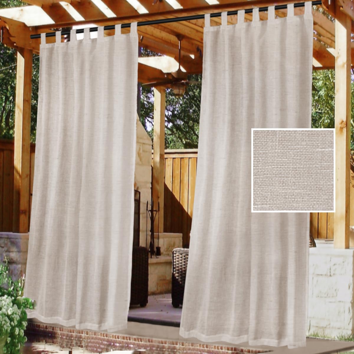 H.VERSAILTEX Outdoor Linen Sheer Curtains for Patio Waterproof - Outdoor Divider Privacy Added Light Filtering Porch Decor with Detachable Self-Stick Tab Top for Gazebo, Natural, 1 Piece, W52 x L95