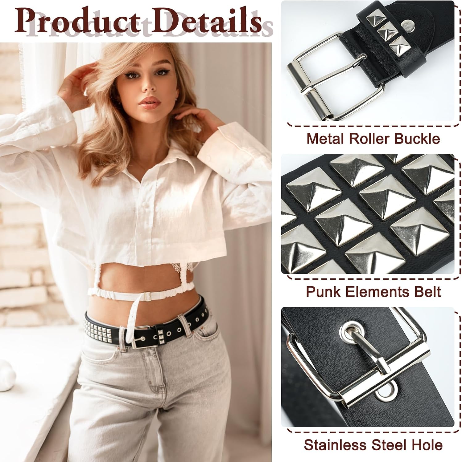2 PCS Studded Y2k Belt Black and Silver Metal Emo Belts with Punk Goth Alt Style for Women Men