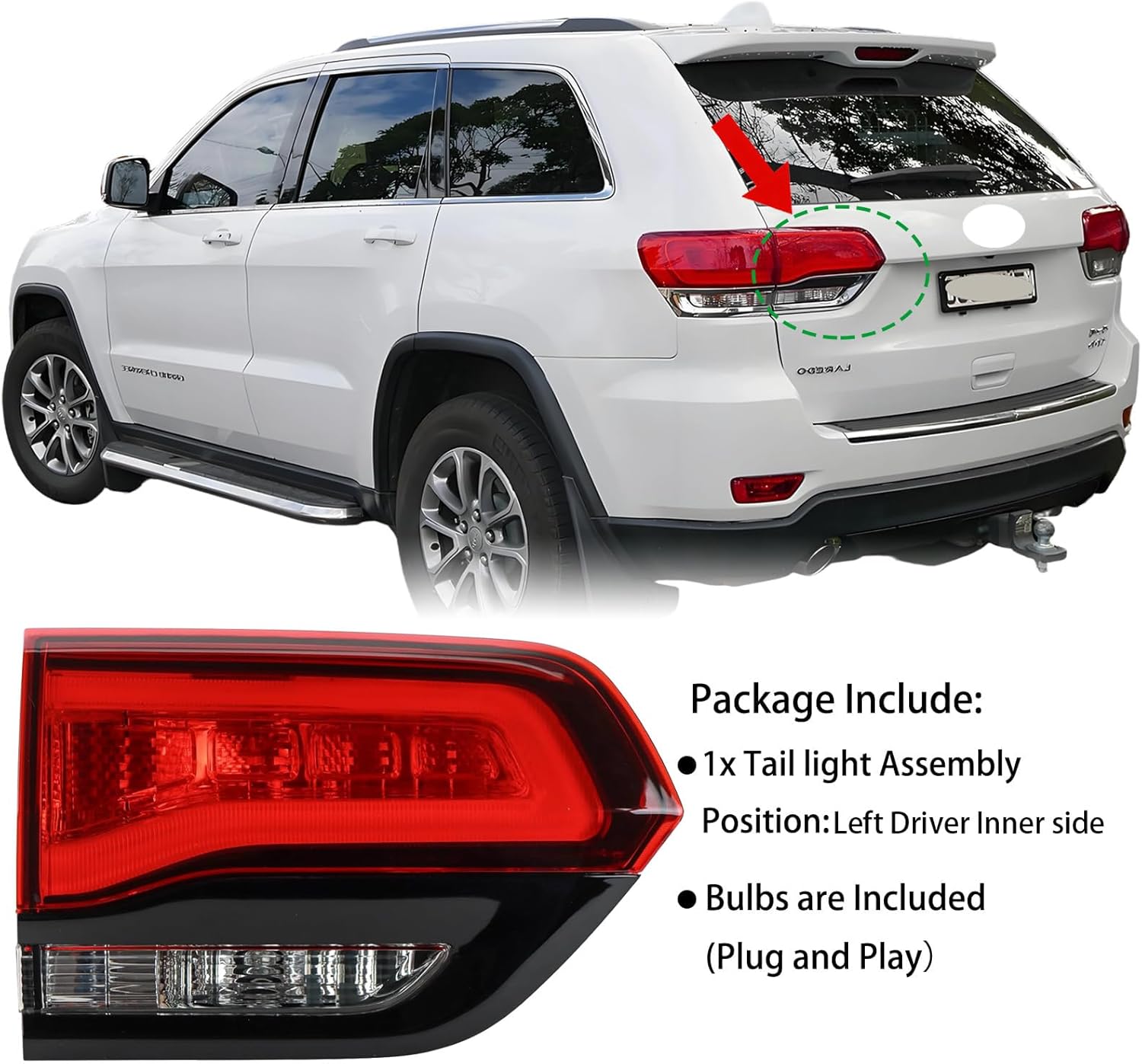 Taillight Assembly W/Bulbs For 2014 2015 2016 2017 2018 2019 2020 Jeep Grand Cherokee(WK2) Limited Laredo Replacement Tail lamps Housing Accessory SRT Style Black Trim Left Driver inner Side(LH)