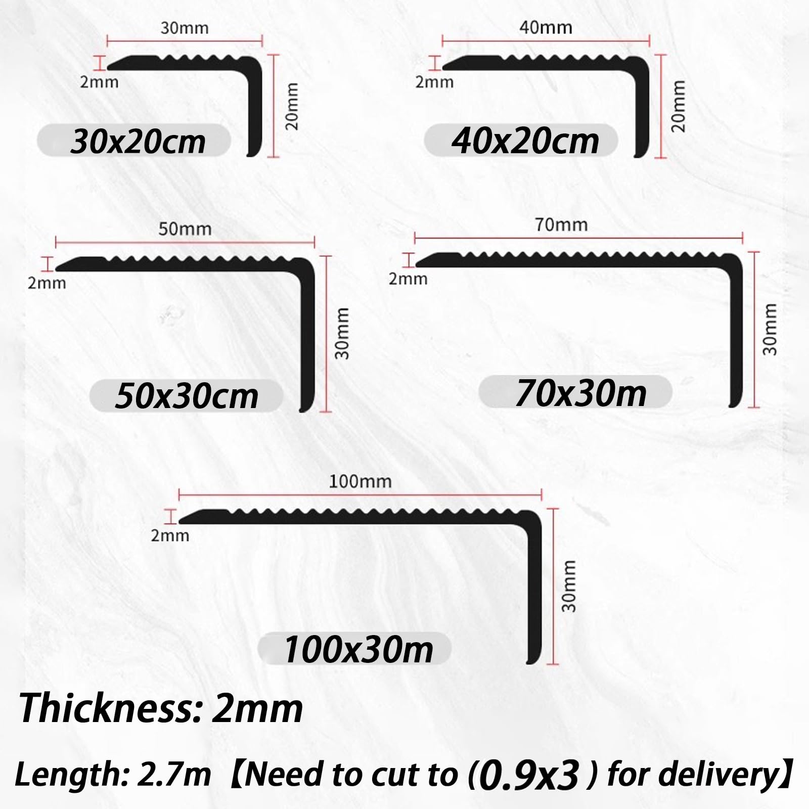 2 protectores de borde de escalera de aleación de aluminio, tira antideslizante for interior y exterior, protector de borde de escalera en forma de L.(Black,100x30mm)