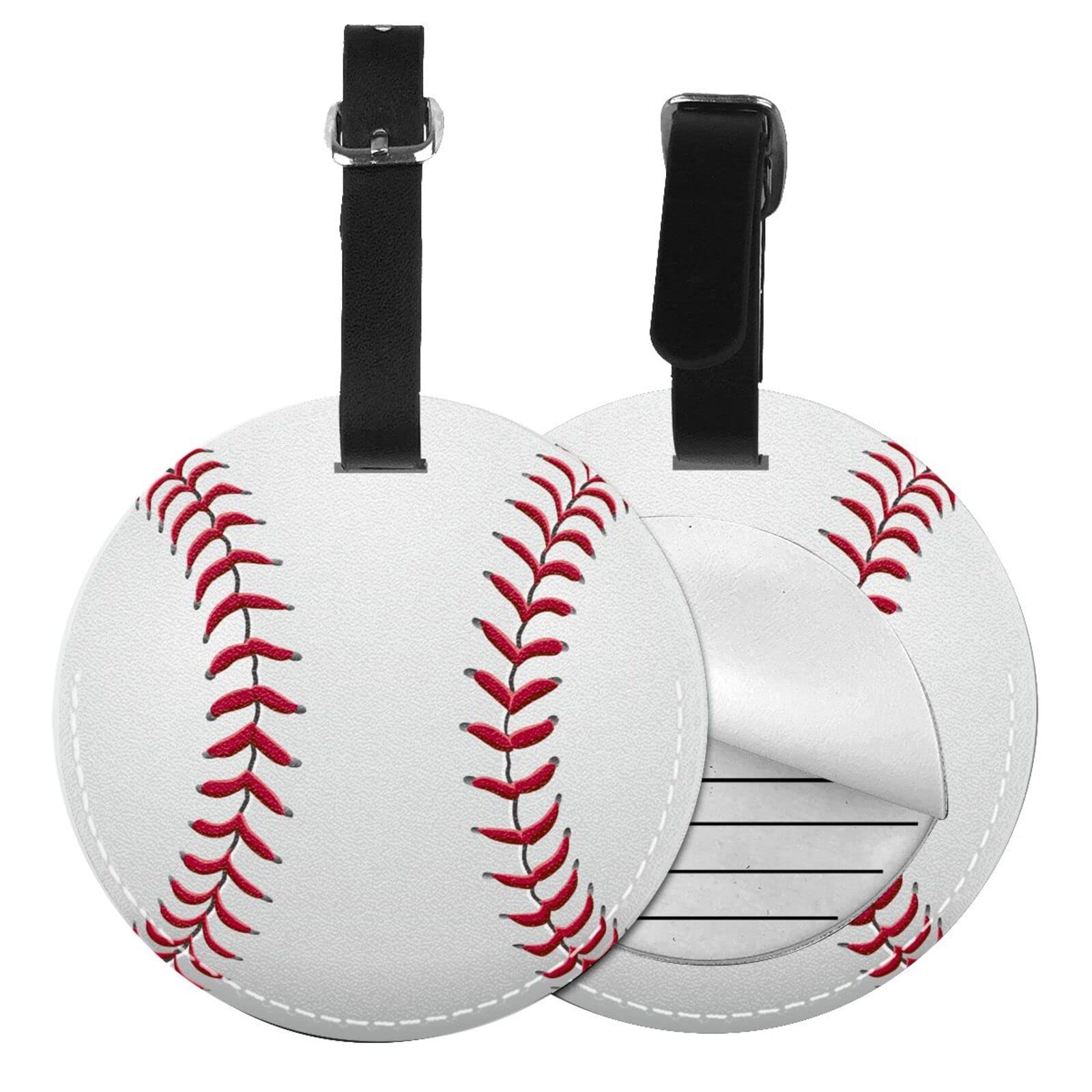 2 Packs Boys Mens Leather Luggage Suitcase Baggage Tag with Baseball Graphics Printed, Funny Sports-Themed White Travel Round Identifiers Tags Name