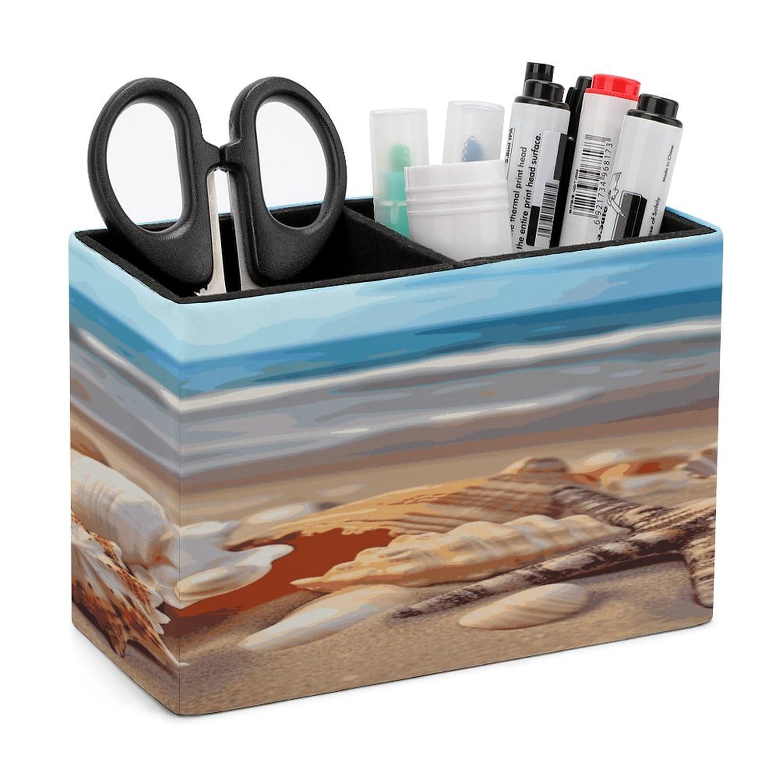 LDGSUPH Seashells on The Sandy Beach Leather Pen Holder for Desk Organizer Caddy Large Pencil Cup Multi-function Pencil Holder Makeup Brush Holders Pen Organizer for Home Office Storage Box