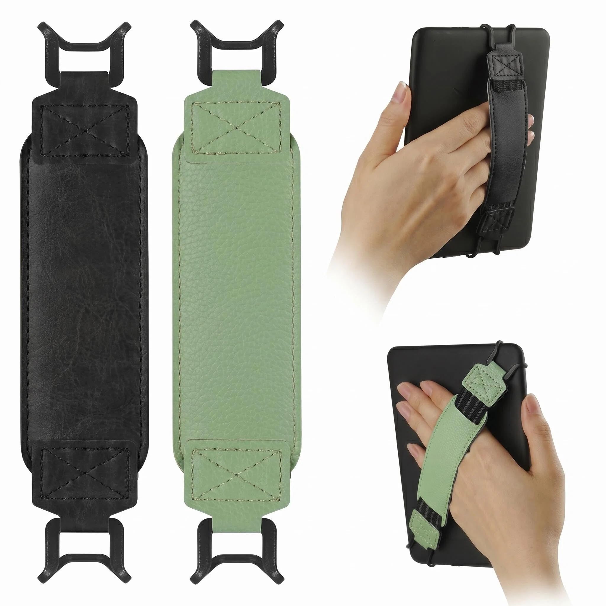 2 Pack Secure Hand Strap Compatible with Kindle Hand Strap and Tablets Elastic Hand Strap for Kindle eReaders Non-Slip One-Hand Use Grip for 6-7 Inch E-Readers and Tablets(Black and Matcha Green)