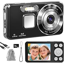digital camera 4k photo camera 64mp camera portable compact camera with 2.8 inch LCD screen 18x digital zoom 32GB SD card 1 lanyard for children teenagers beginners black