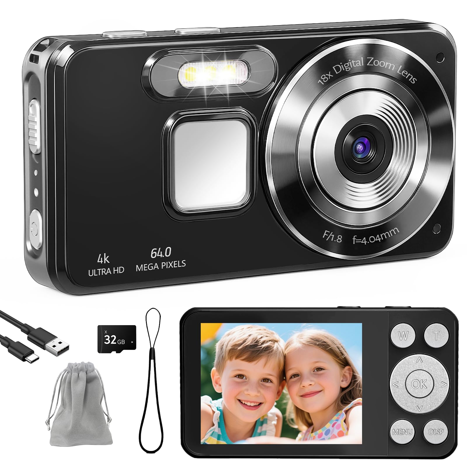 HERBYD Cámara Digital 4K Cámara de Fotos HD 64MP Cámara Digital Compacta con Pantalla LCD de 2,8", Zoom Digital 18X, Tarjeta SD 32GB Incluida, Cámara Portátil para Niños, Adolescentes y Principiantes