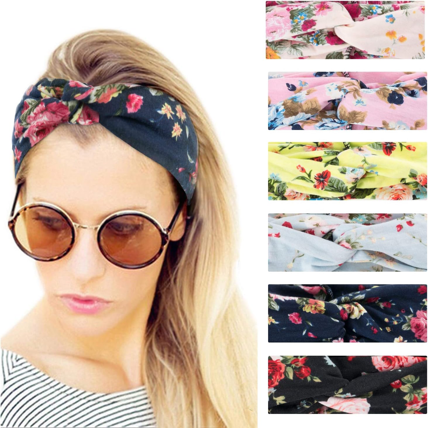 Dlala 6 Pack Women Headbands Elastic Turban Head Wrap Boho Floal Criss Cross Hair Band (Boho Floal D)