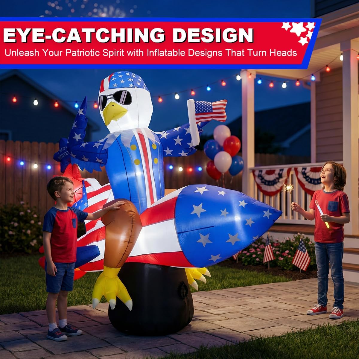 6ft Patriotic Independence Day 4th of July Inflatable American Eagle on Rocket with Stars LED Lighted Blow Up Decor Home Yard Outdoor Indoor Decoration