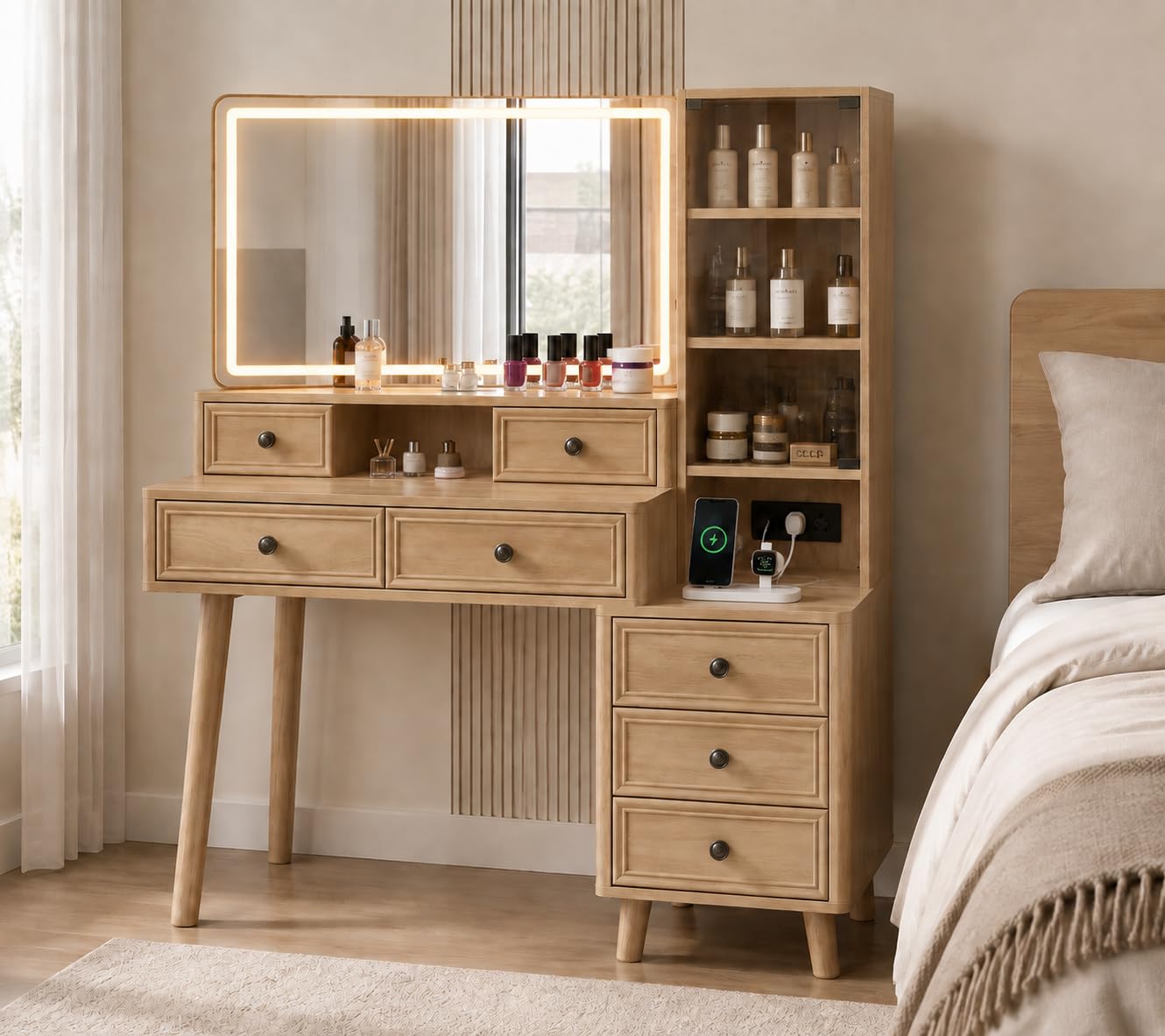 48" Makeup Vanity Desk with LED Mirror & Drawers - Oak