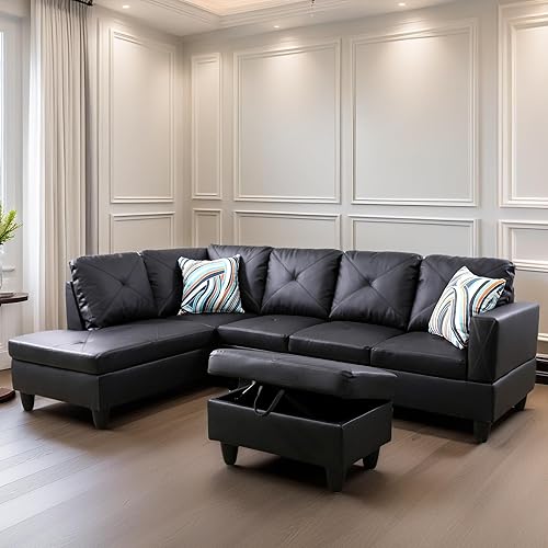 FONTOI Sofá modular de cuero, sofás modernos en forma de L para sala de estar, cómodo sofá modular de 4 asientos con almacenamiento otomano para