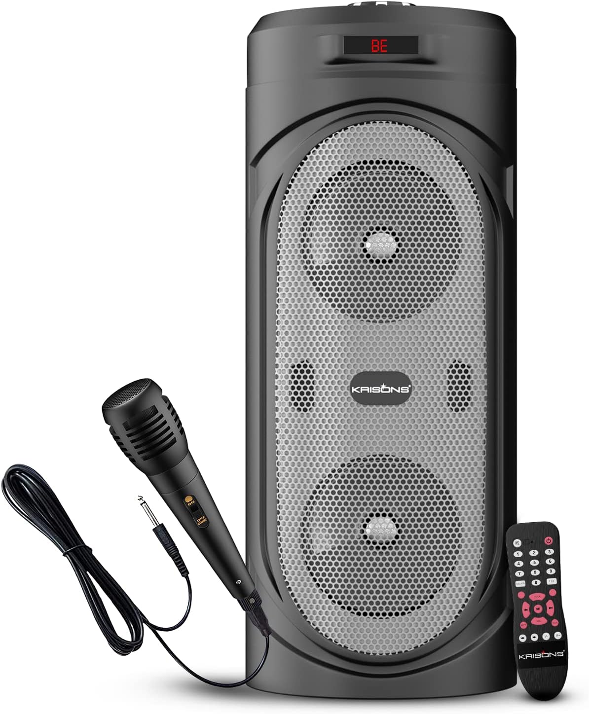 Krisons 4" SilverStar Double Woofer 30W Multi-Media Bluetooth Party Speaker with Wired Mic for Karaoke,Digital Display, RGB Lights, USB, SD Card and FM Radio
