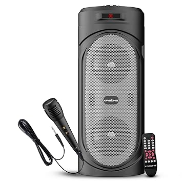 Krisons 4" SilverStar Double Woofer 30W Multi-Media Bluetooth Party Speaker with Wired Mic for Karaoke,Digital Display, RGB Lights, USB, SD Card and FM Radio