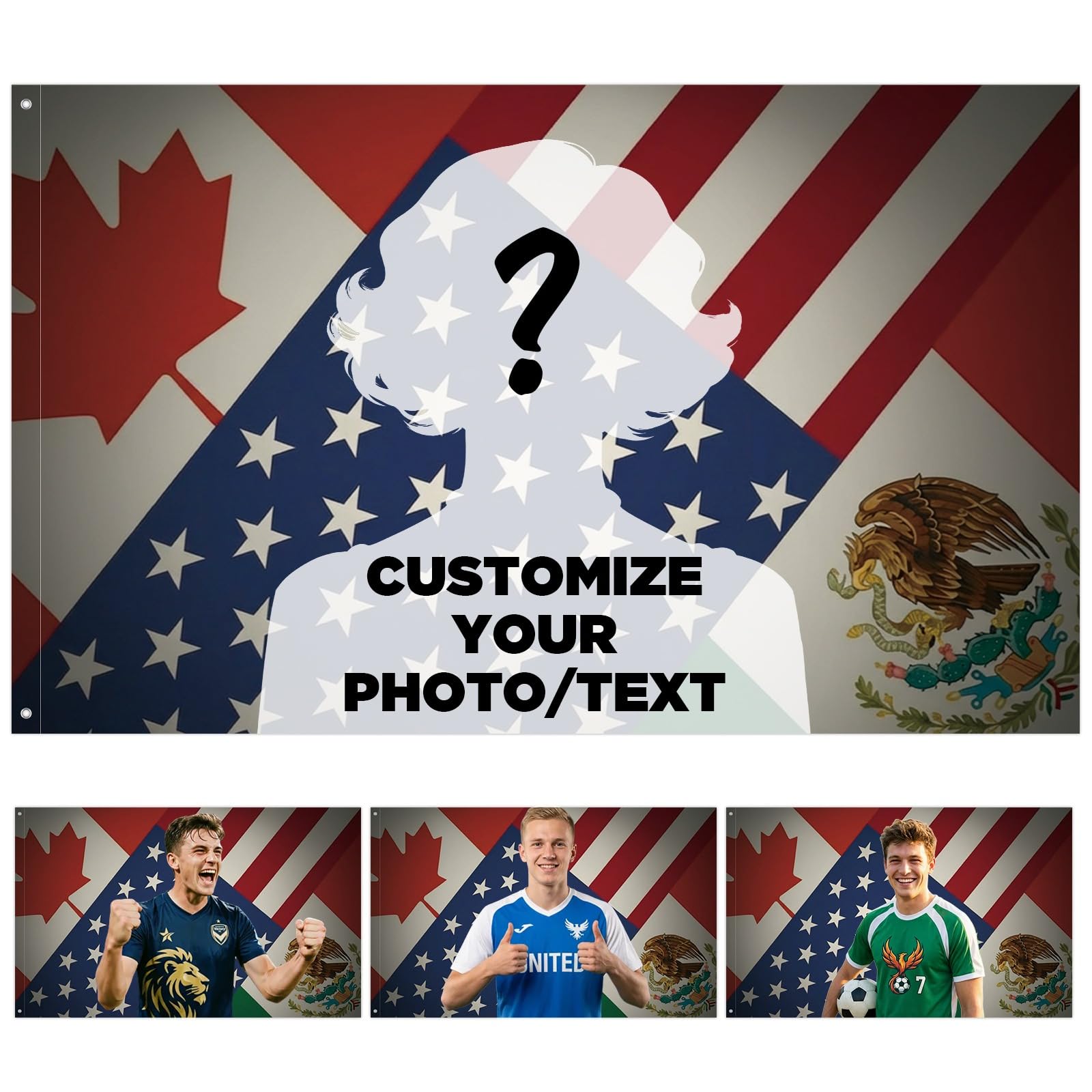 Custom American Canada Mexico Flag Personalised Flags with Picture, Logo & Text Customisable Funny Flag Banner for Sports Event, Soccer Game, Soccer Supporters,Great Soccer Fans Gifts — image 1