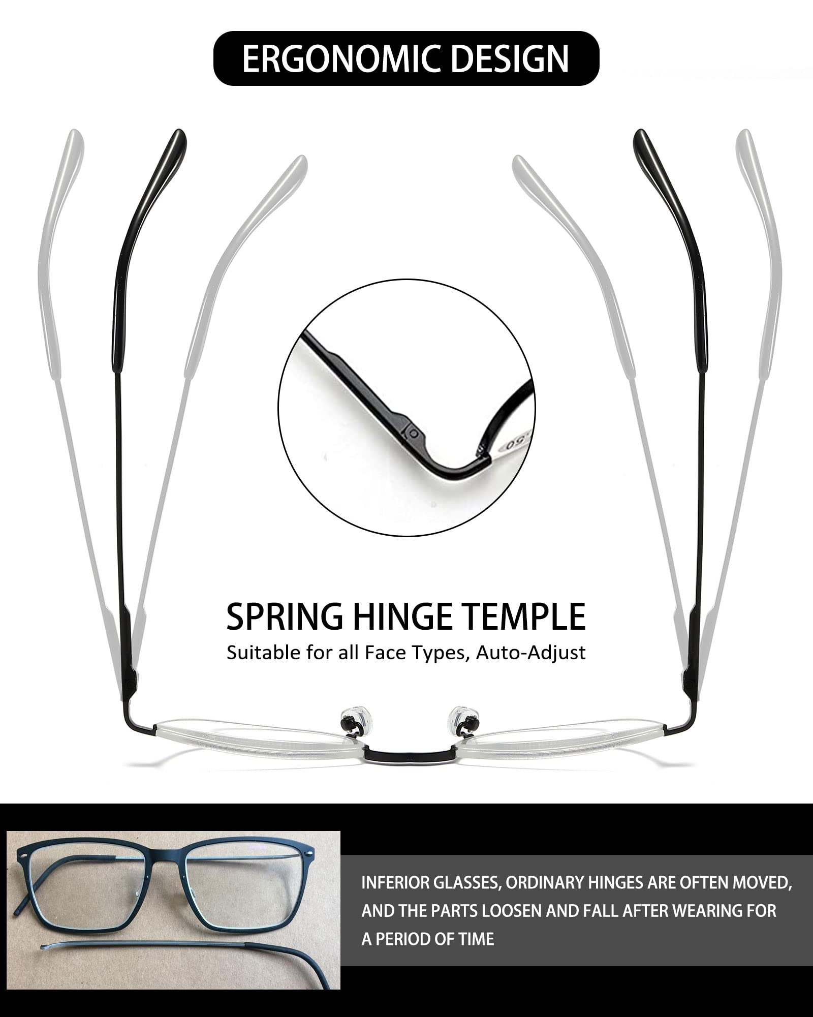 KOOSUFA Metall Lesebrille Halbrandbrille Herren Damen Federscharnier Halb Rund Metallrahmen Lesebrillen Lesehilfe Sehhilfe mit Stärke 1.0 1.25 1.5 1.75 2.0 2.25 2.5 2.75 3.0 3.5 4.0