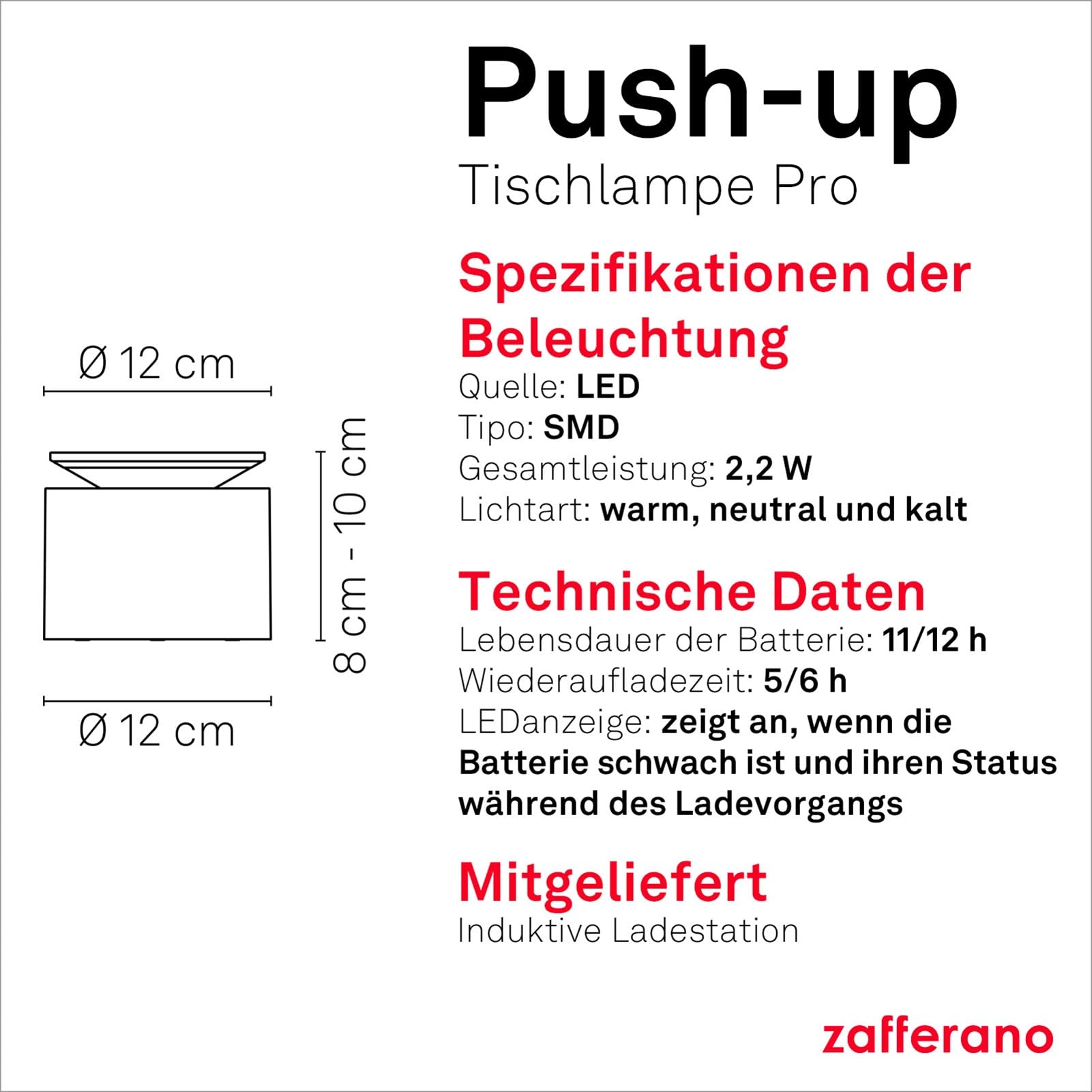 Zafferano, Push-Up Lampe, Kabellose, Wiederaufladbare Tischlampe mit Touch Control, Auch für den Außenbereich Geeignet, Dimmer, 2200-3000 K, Höhe 80-100 cm, Farbe Sand