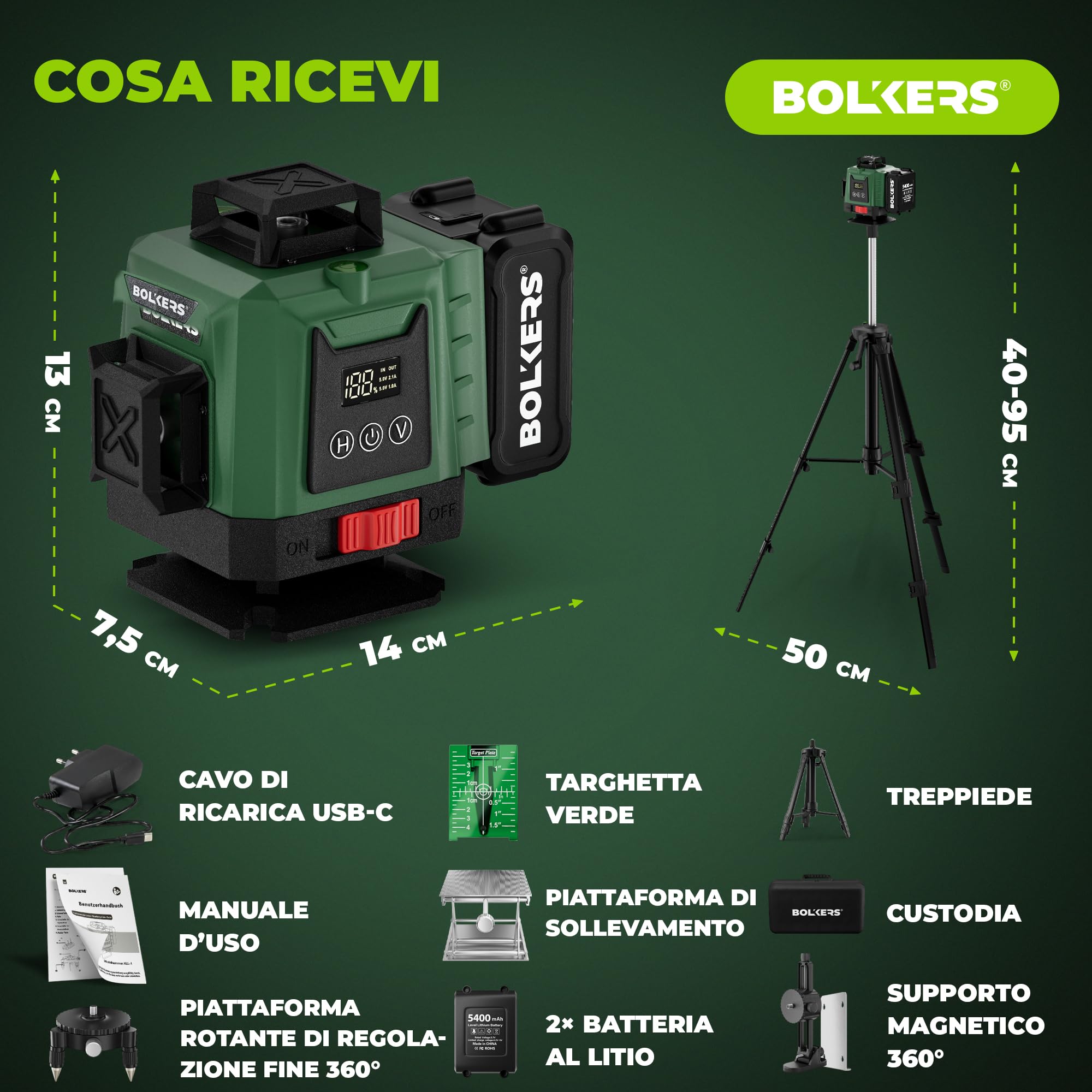 ProLaser 4x360° Livella Laser a Croce con Treppiede - Laser Verde Autolivellante, Livella Laser Edilizia, 16 Linee, 2 Batterie, Custodia & Accessori per Piastrelle, Pareti & Installazione