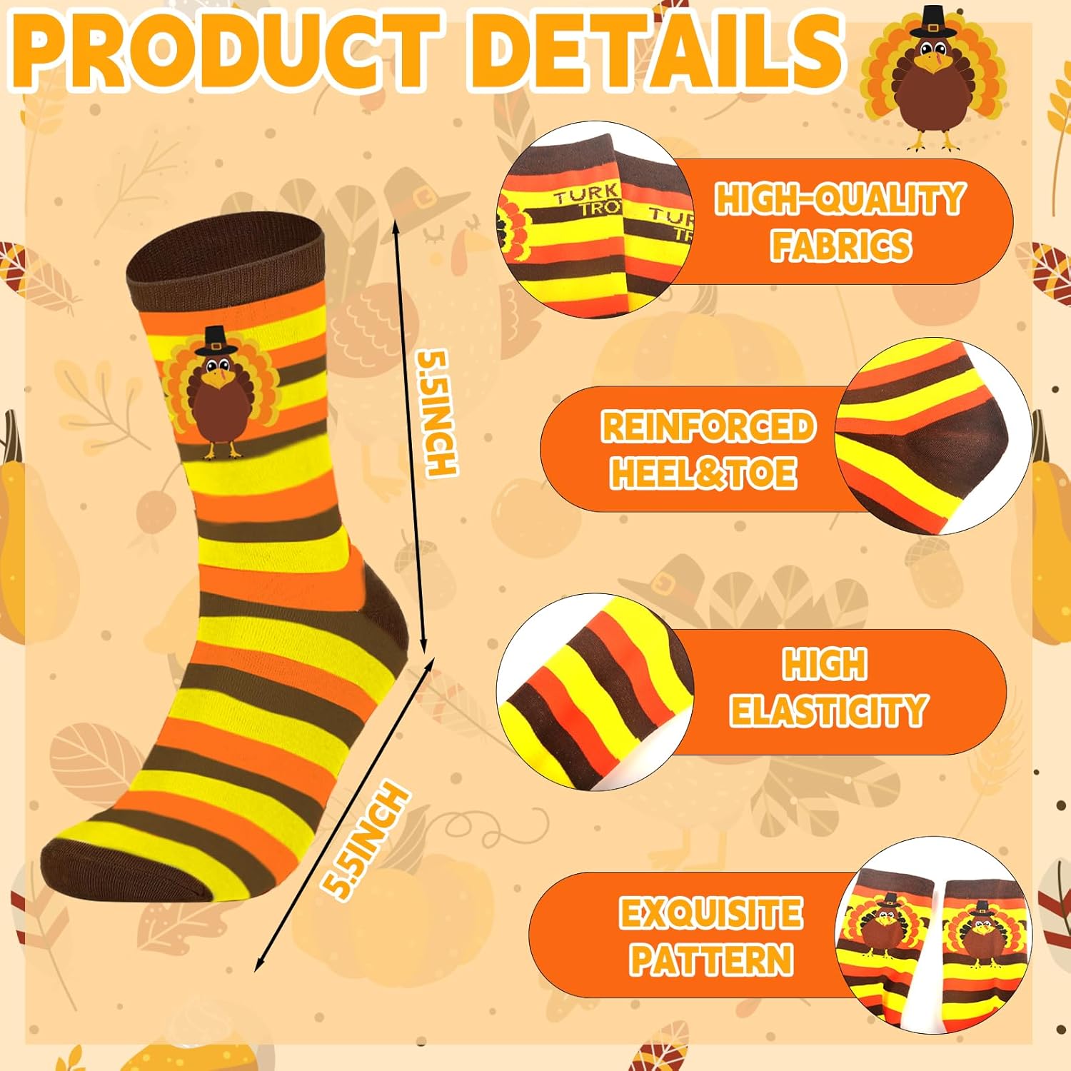 4 Pairs Thanksgiving Socks Turkey Socks Fall Sock Holiday Novelty Autumn Sock for Women Men - Image 3