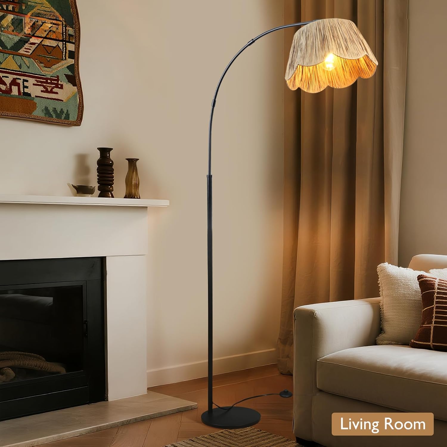 Boho Rattan Floor Lamps for Living Room,Arc Floor Lamp with Hand Woven Shade,70'' Tall Lamp with Black Metal Stand,Foot Switch,Farmhouse Standing Lamp for Bedroom,Over Couch Reading Light,Nursery