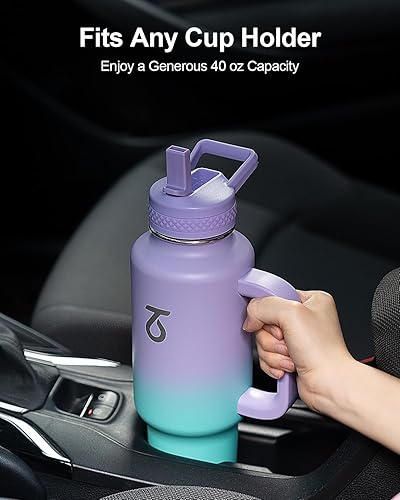 Miniatura 2 de Trebo Botella de agua de 40 onzas con aislamiento que cabe en portavasos de automóvil con asa, botellas de agua de acero inoxidable vaso con tapas