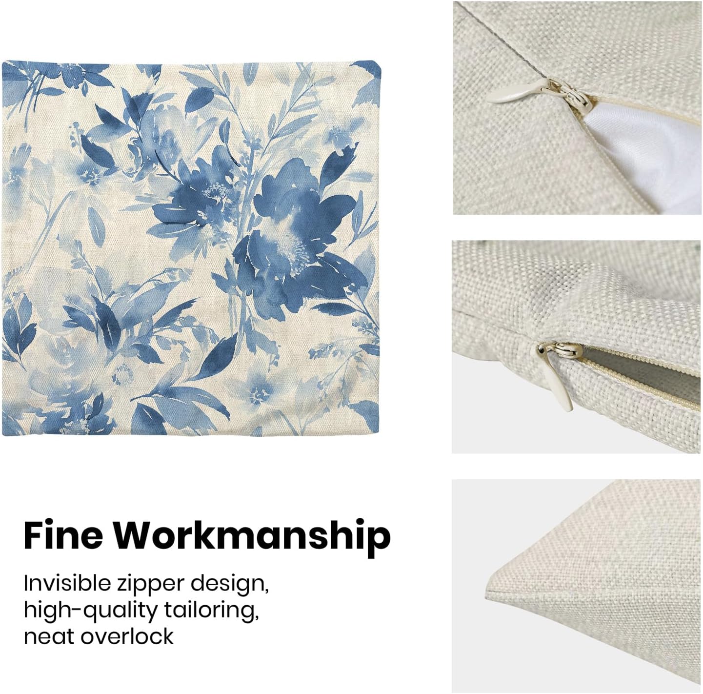 Spring Floral Pillow Covers 18x18 Set of 2 Watercolor Blue Flower Decorative Throw Pillow Covers Outdoor Decoration Vintage Summer Floral Decor Pillowcase Farmhouse Cushion Case for Home Couch - Image 8