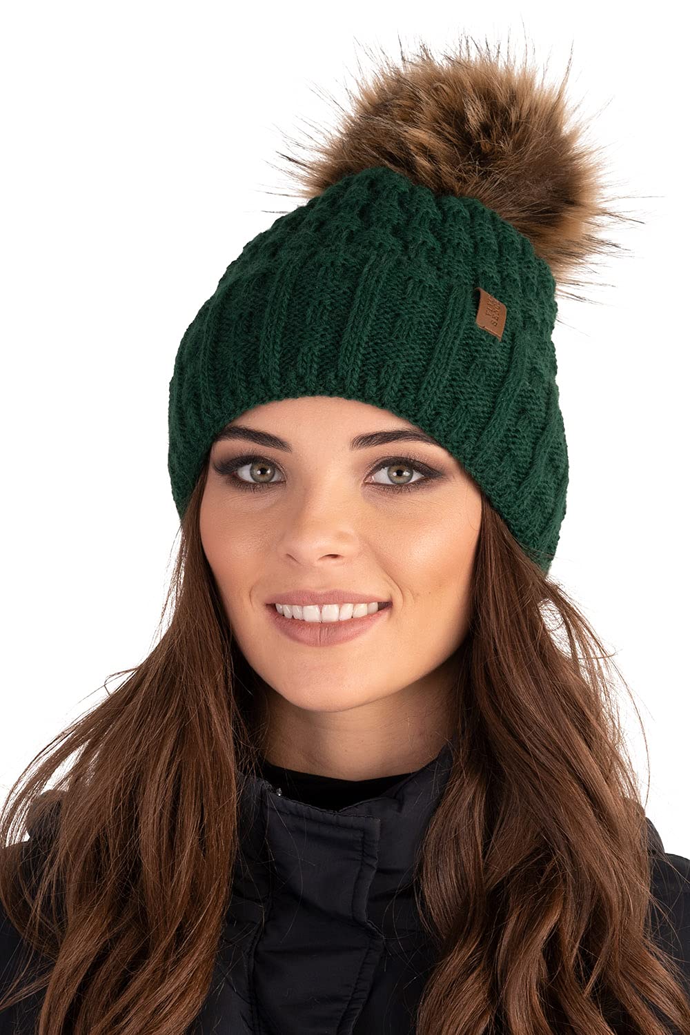 VIVISENCE Femme Bonnet pour L'automne Et l'hiver Doux avec Pompon en Fausse Fourrure Fil Chaleureux Ajustement Parfait Doublure Polaire pour l'hiver Ski Et Activités Extérieures 7015