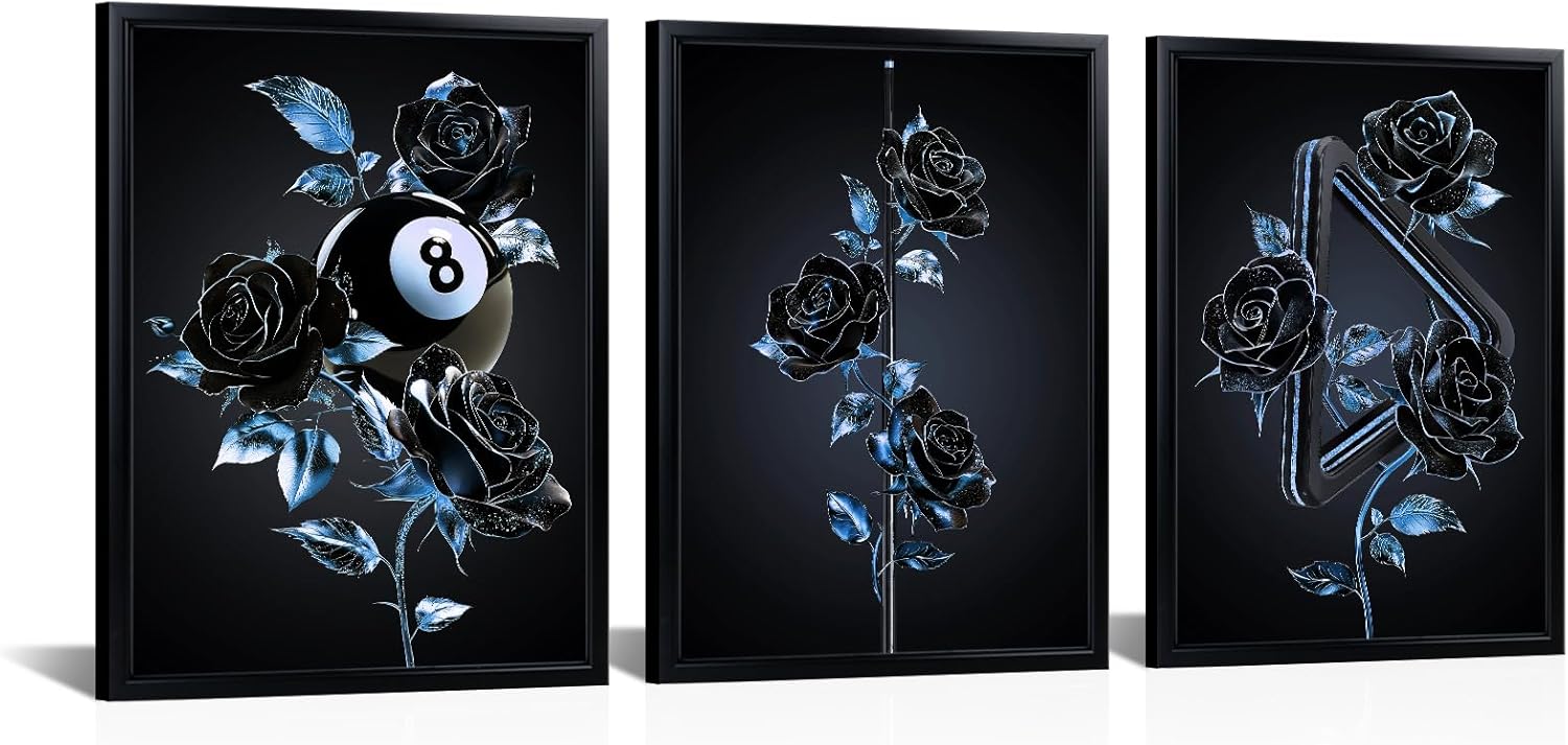 HOMEOART Billiards Pictures Canvas Wall Art Pool Room Decor Framed Prints, Pub Bar Billiard Game Room Decoration, Black Frame,12x16inchx3 Pieces (Silvery)