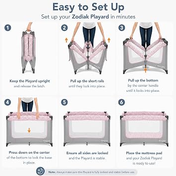 Dream On Me Zodiak Baby Playard, Breathable Mesh Sides, Soft Comfortable Mattress, Quick & Easy to Fold with Travel Carry Bag, Compact Space Saving Design - Grey & Pink