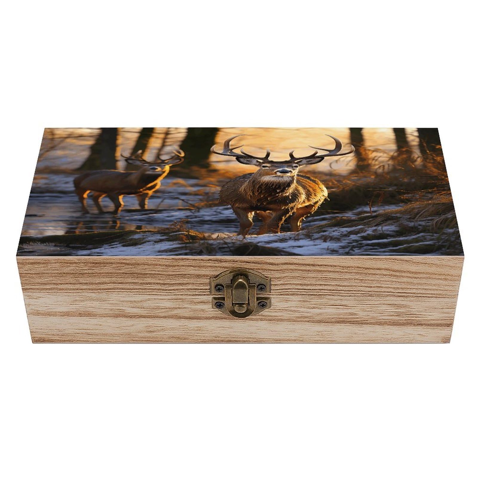 VstaDank Deers Picture Wooden Storage Box Wooden Keepsake Box with Hinged Lid Exquisite Solid Wood Decorative Jewelry Case Memory Box for Jewelry Photos Letters Crafts Trinkets