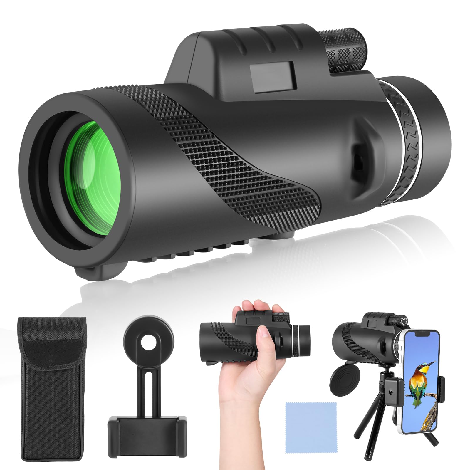 PAHTTO Monoculare 80x100 Zoom, telescopio monoculare con supporto per smartphone e treppiede estensibile, telescopio monoculare impermeabile per birdwatching, caccia, viaggi e concerti sportivi