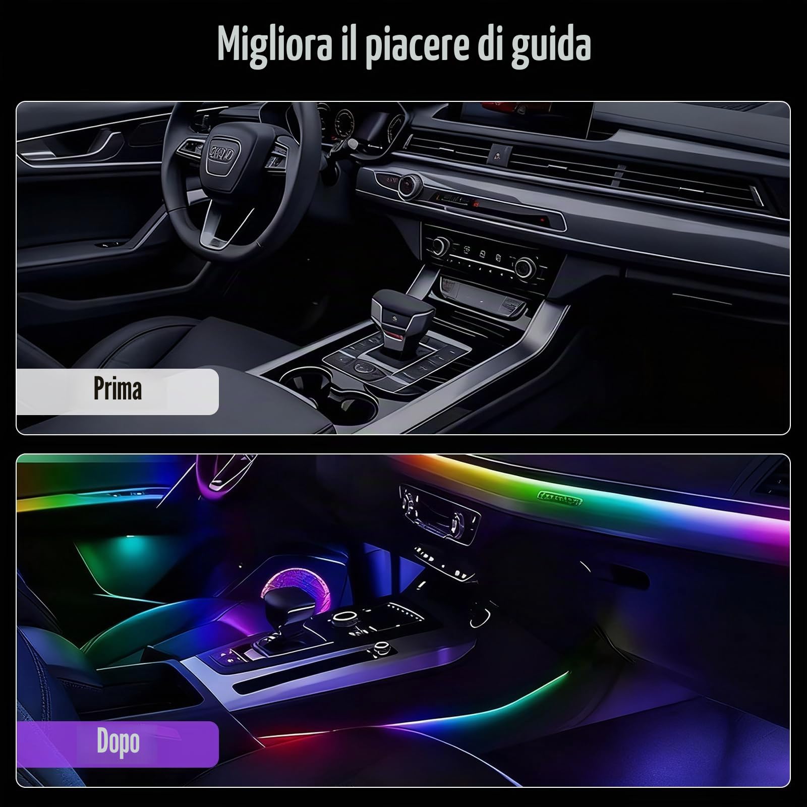 Illuminazione d'atmosfera dell'automobile, 2 In 1 Fibra Ottica Auto Interni, 110 Cm+35 Cm Luci Led Auto Interno, Led Macchina Interni Con 220 Modalità Dinamiche