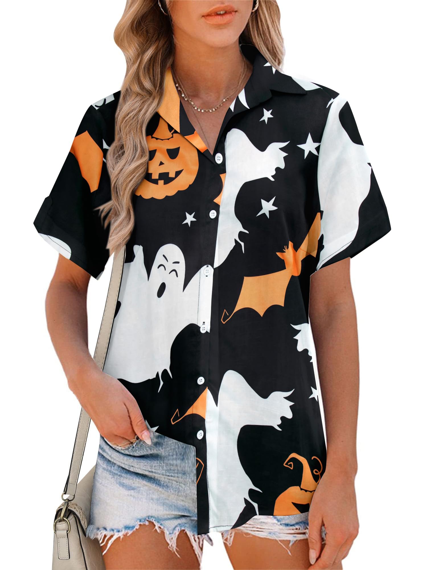 Women Halloween Hawaiian Shirt Skull Floral Ghosts Print Button Down Shirts Holiday Short Sleeve Tops