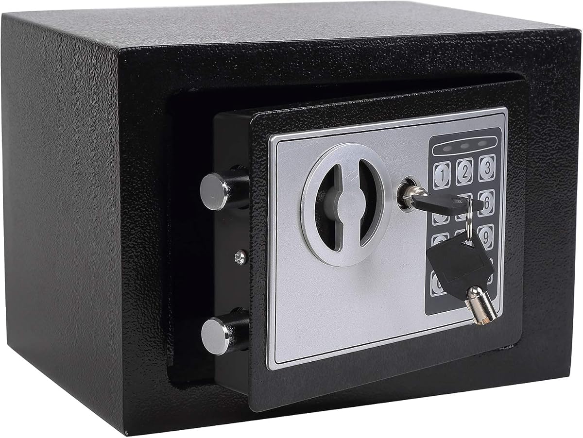 Caja fuerte de seguridad de acero pequeña con teclado, llave; 0,23 pies cúbicos, negra | Seguro digital electrónico, 9.1 pulgadas de ancho x 6.7 pulgadas de profundidad x 6.7 pulgadas de alto, oculto para el hogar, dormitorio, apartamento, hotel, oficina, almacenamiento de joyas en efectivo