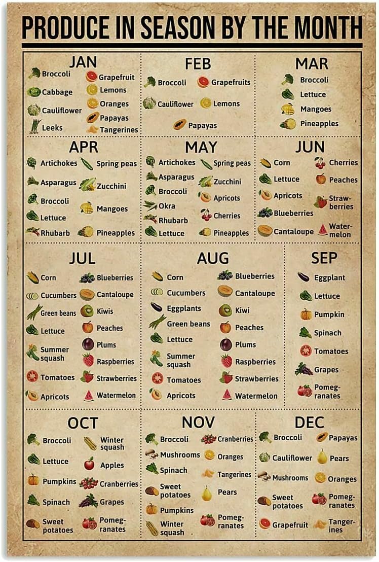 HOUVSSEN Produce in Season by The Month Poster Knowledge Wall Décor Artwork Gift for Mom Chart Sign School Metal Tin Signs 8x12 Inch