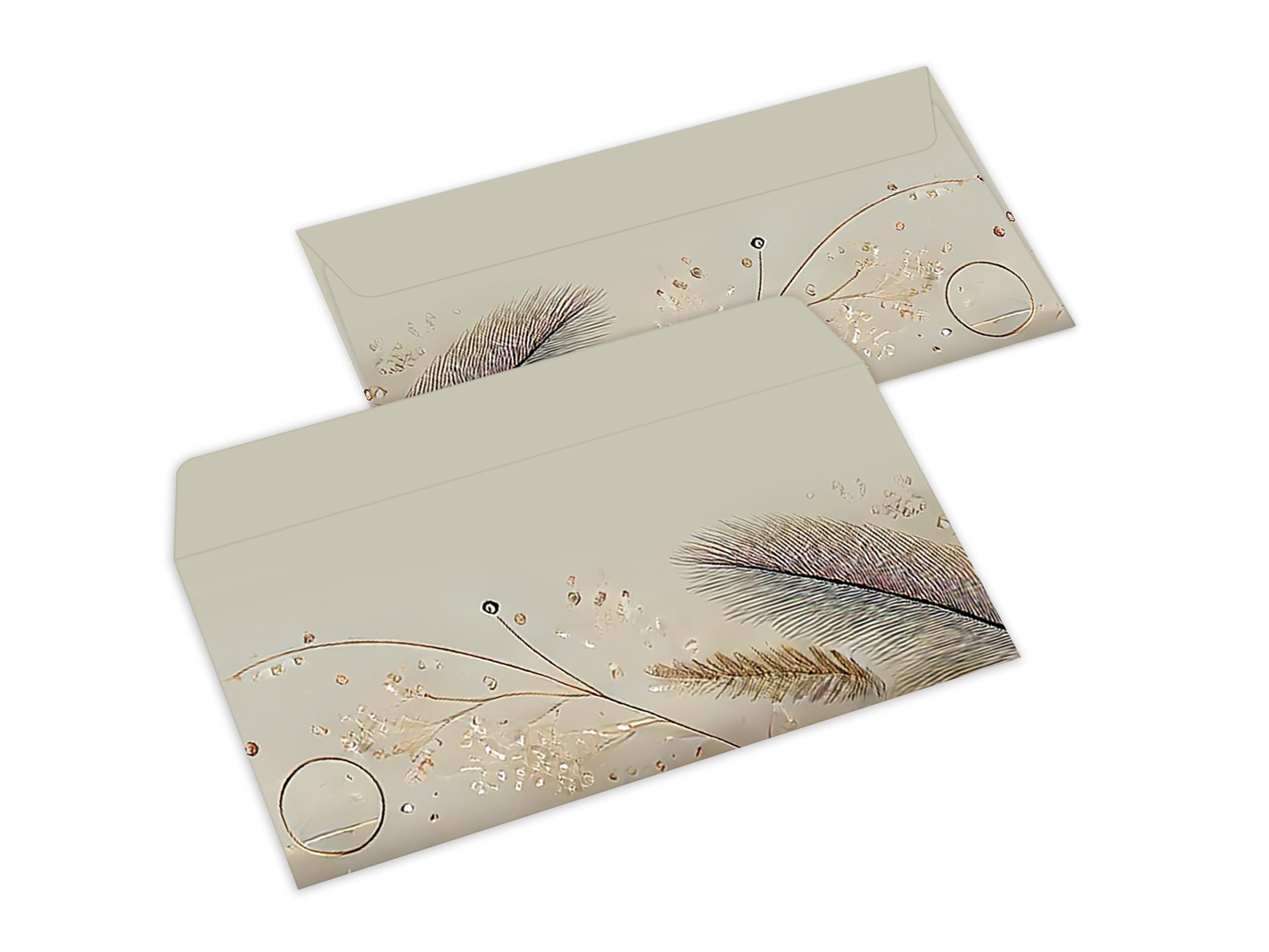 Briefpapier-Set 250 Druckerpapier DIN A4 + 250 Kuverts DIN-lang haftklebend Naturfarben Elegante Federn - Naturskizzen beidseitig bedruckbar für Geburtstag Jubiläum Hochzeit Menükarte
