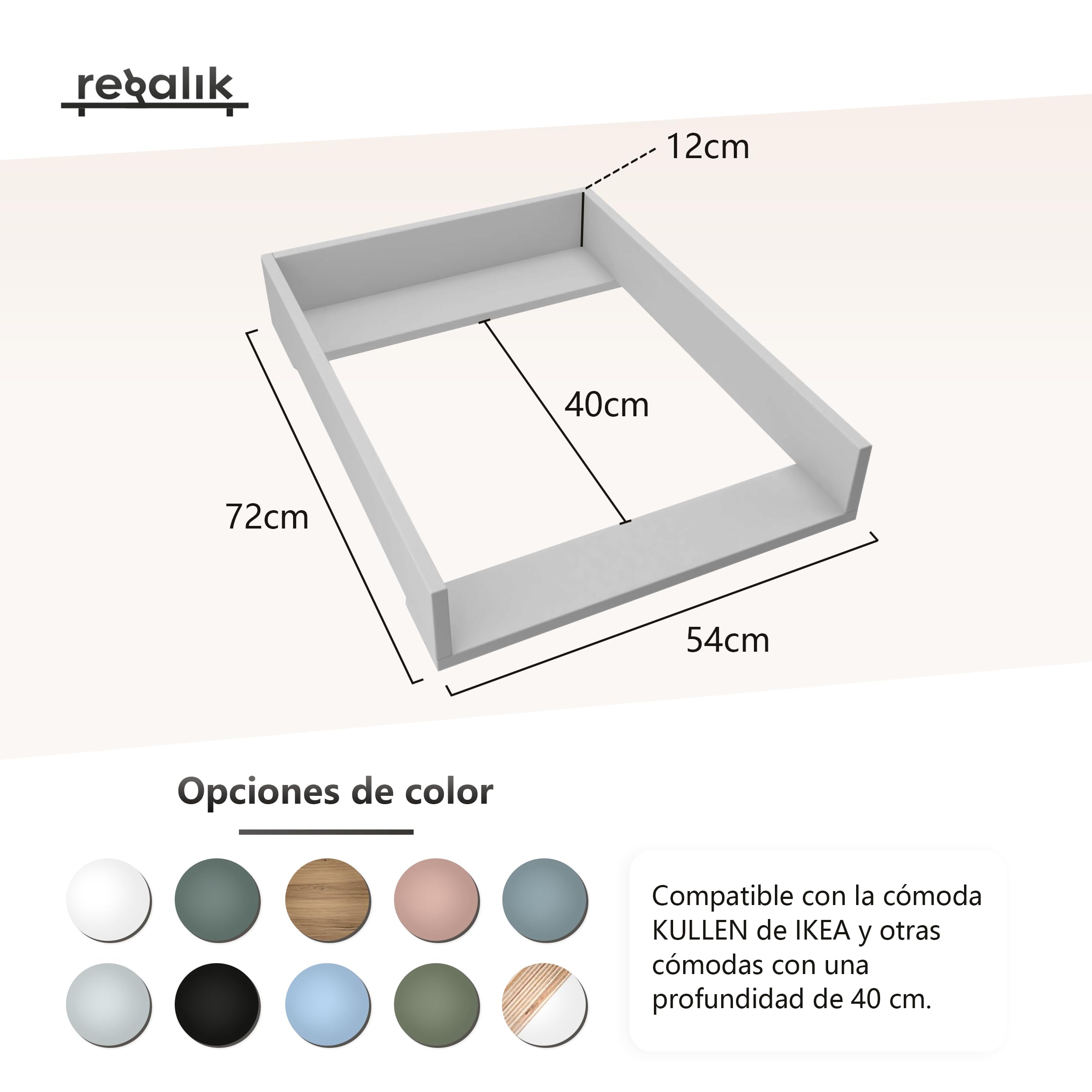 Cambiador para Kullen, Accesorio para Cambiador para Cómodas de 40 cm, Accesorio Desmontable para Cambiador, Paneles Frontales Redondeados, Roble, 72 cm x 54 cm