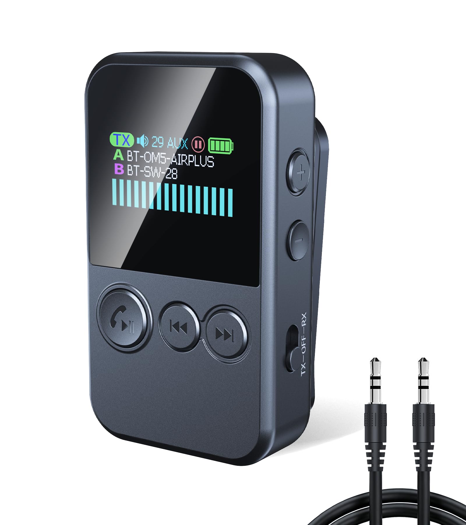Front view of Tsnam Bluetooth adapter with LED display and control buttons.