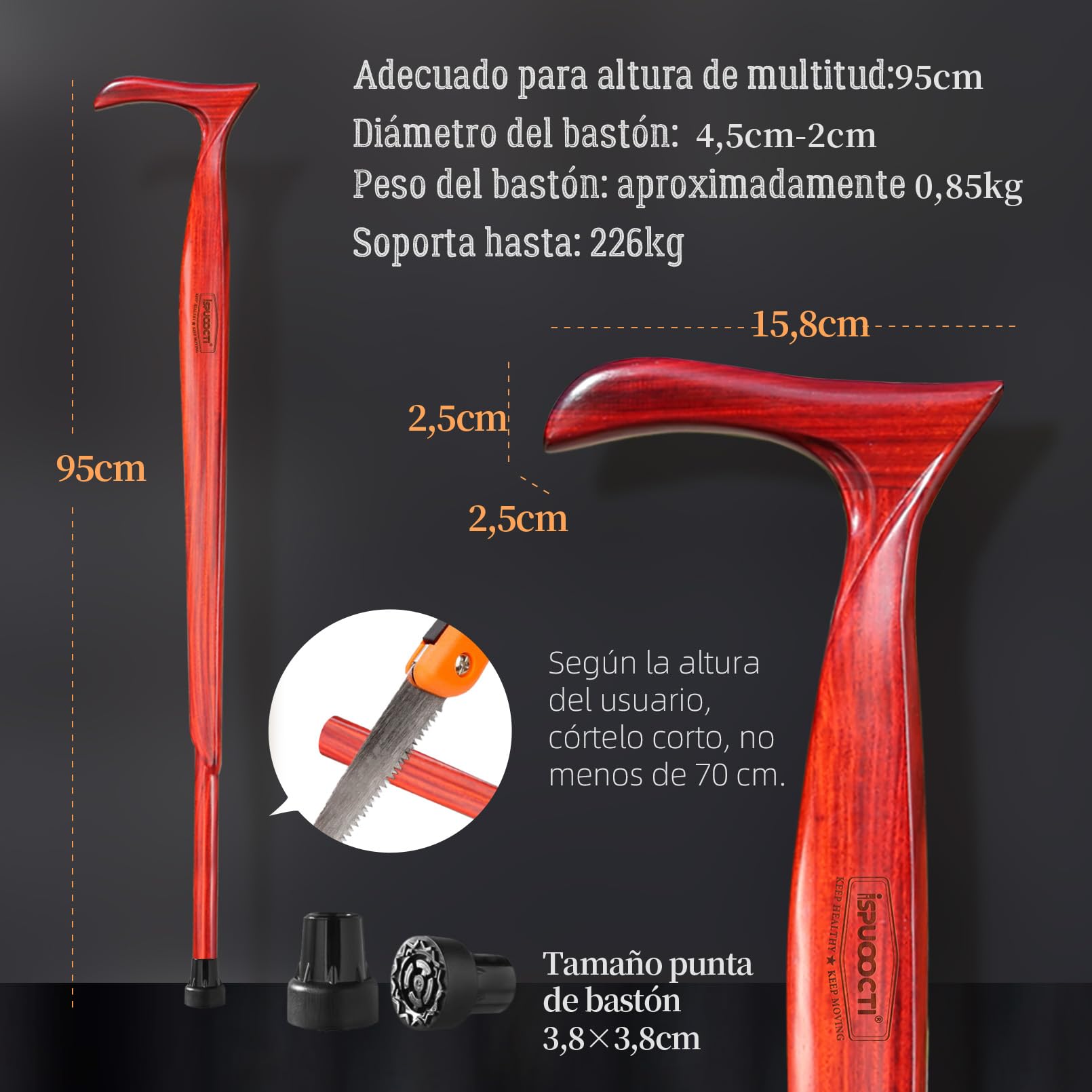 Bastón de madera para hombre y mujer – Madera maciza natural 3 pies de goma resistente con bolsa de viaje – Bastones ergonómicos para personas mayores unisex
