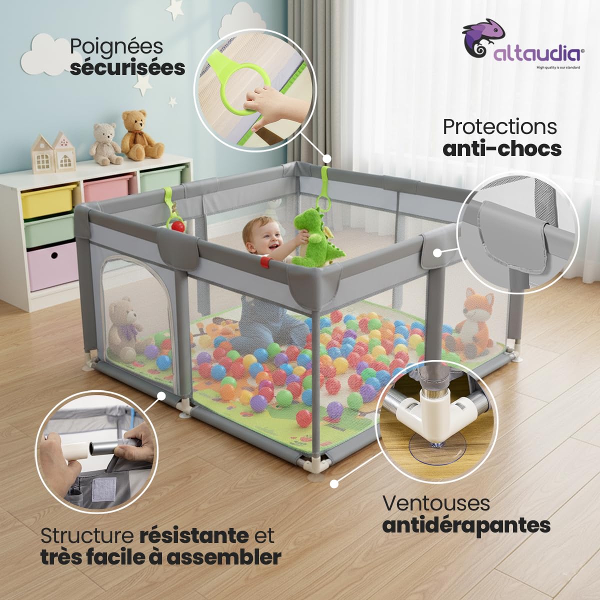 Parc pour bébé 120 x 120 cm + tapis + 50 balles + sacs de transport – avec filet respirant – de jeux amusant pour bébé - Gris