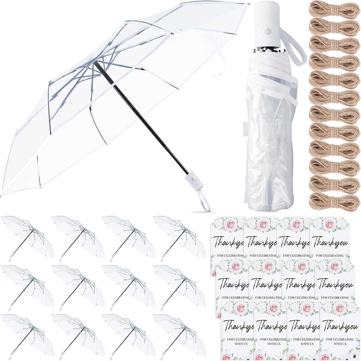 12 Pcs Full Automatic Clear Umbrella Wedding, Foldable Auto Open Close Clear Umbrella Bulk with Wedding Thank You Cards for Rain Wedding Anniversary Party Favors