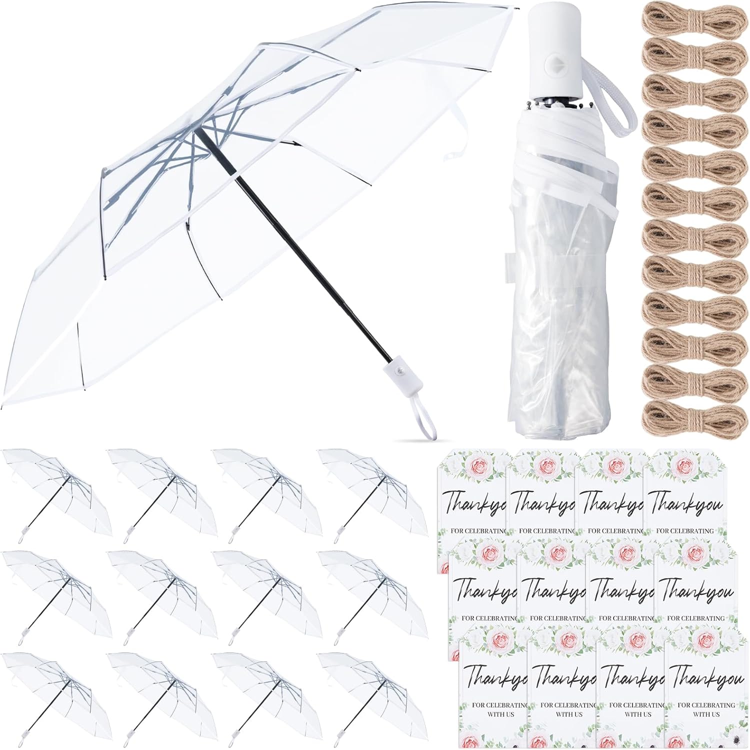 12 Pcs Full Automatic Clear Umbrella Wedding, Foldable Auto Open Close Clear Umbrella Bulk with Wedding Thank You Cards for Rain Wedding Anniversary Party Favors