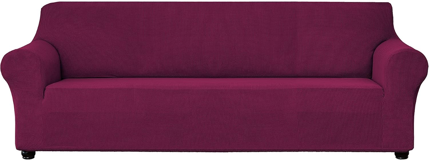 Rapid and Fit Stretch Sofa Slipcover Spandex Non Slip 1-Piece Couch Sofa Cover for 4 Cushion Couch, Washable Furniture Protector Soft with Elastic Bottom Kids,Pets(X Large,Wine)