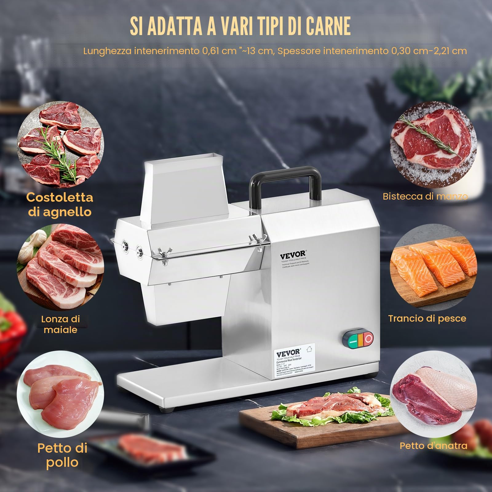VEVOR Batticarne Elettrico Commerciale 120kg/h Macchina per Intenerire Carne 54 Lame in Acciaio Inossidabile, Inteneritore per Carne per Preparare Bistecche di Pollo Maiale da Cucina Batticarne 450W