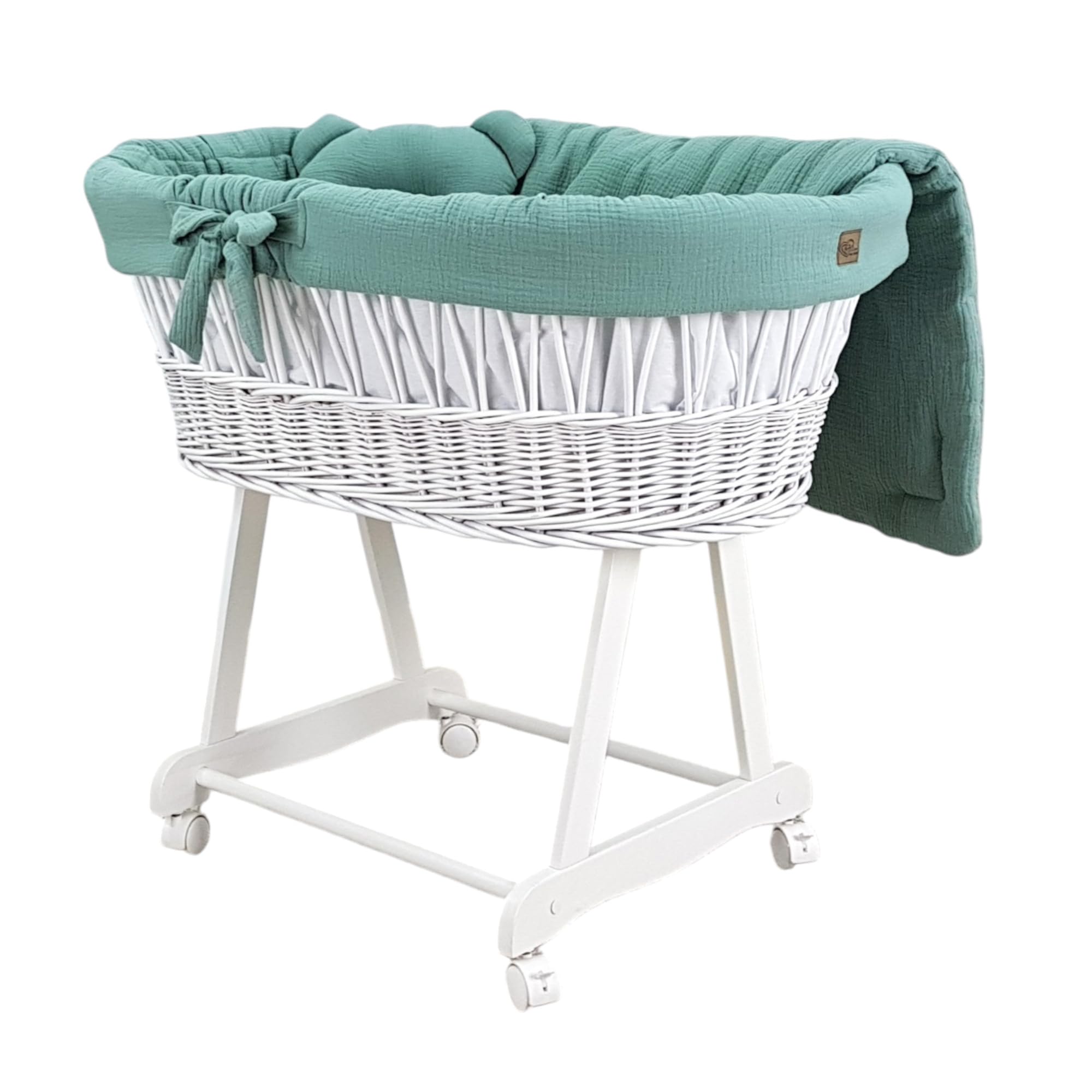 Stubenwagen Baby mit Rollen & Bremse – Weißer Moseskorb aus Naturweide inkl. Matratze & Khaki Bettwäsche aus 100% Baumwolle Oeko-Tex – sicher & mobil – Modell Amelia