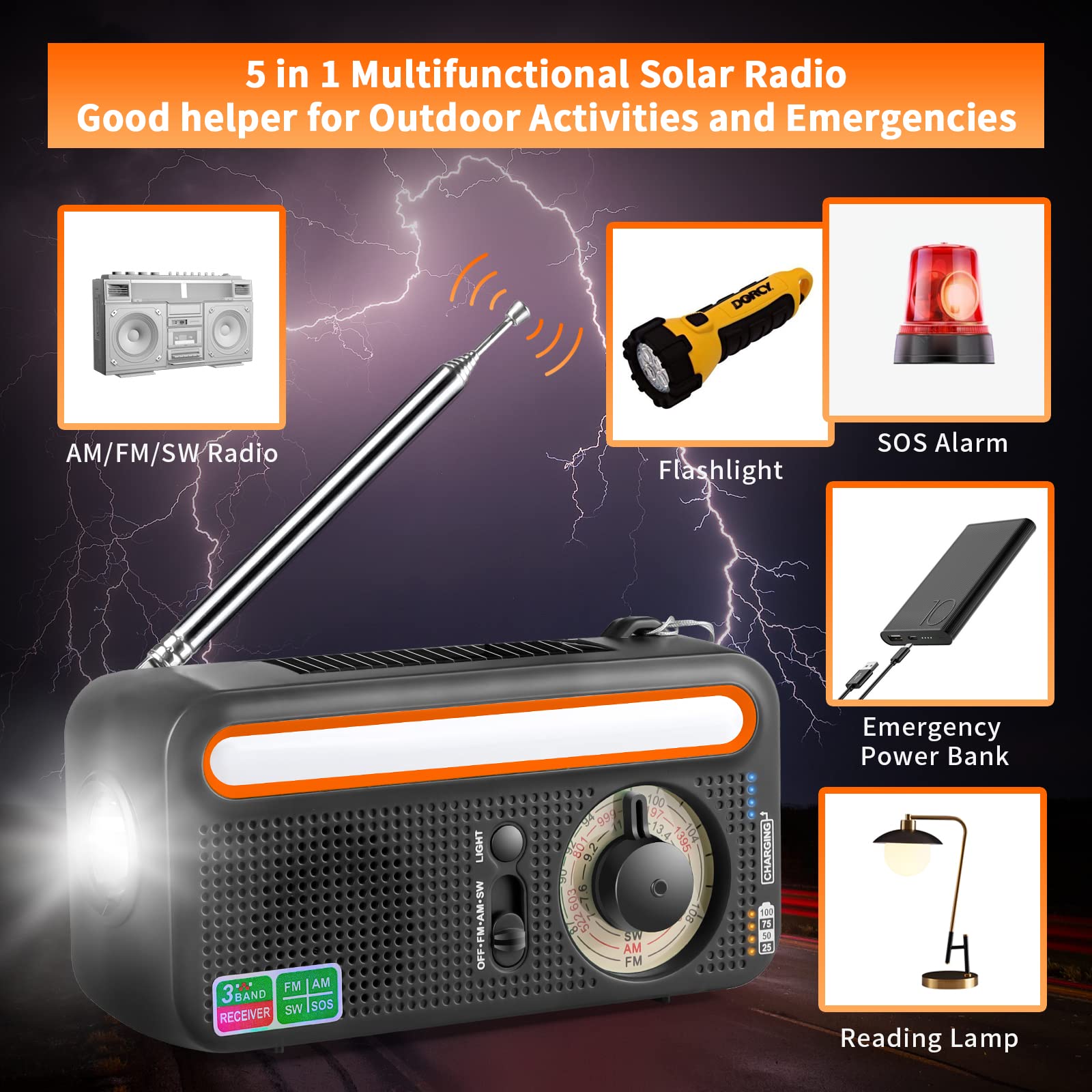 Radio Solaire Gueray 5-en-1 - AM/FM/SW, Manivelle, Lampe LED, SOS, Batterie 2000mAh
