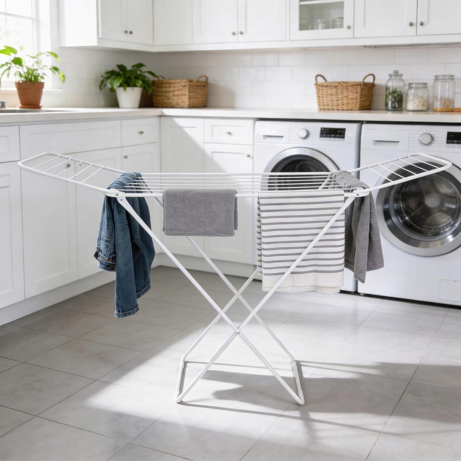 Ohs White Foldable Clothing Drying Rack 18M Stainless Steel, Winged Heavy Duty Space Saving Indoor Clothes Drying Airer Rack Durable & Rust-Resistant Ideal For Home - One Size