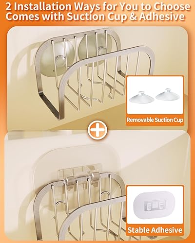 Miniatura 2 de SWTYMIKI Soporte de esponja para fregadero de cocina, soporte de esponja de fregadero móvil con ventosas de acero inoxidable para fregadero de acero