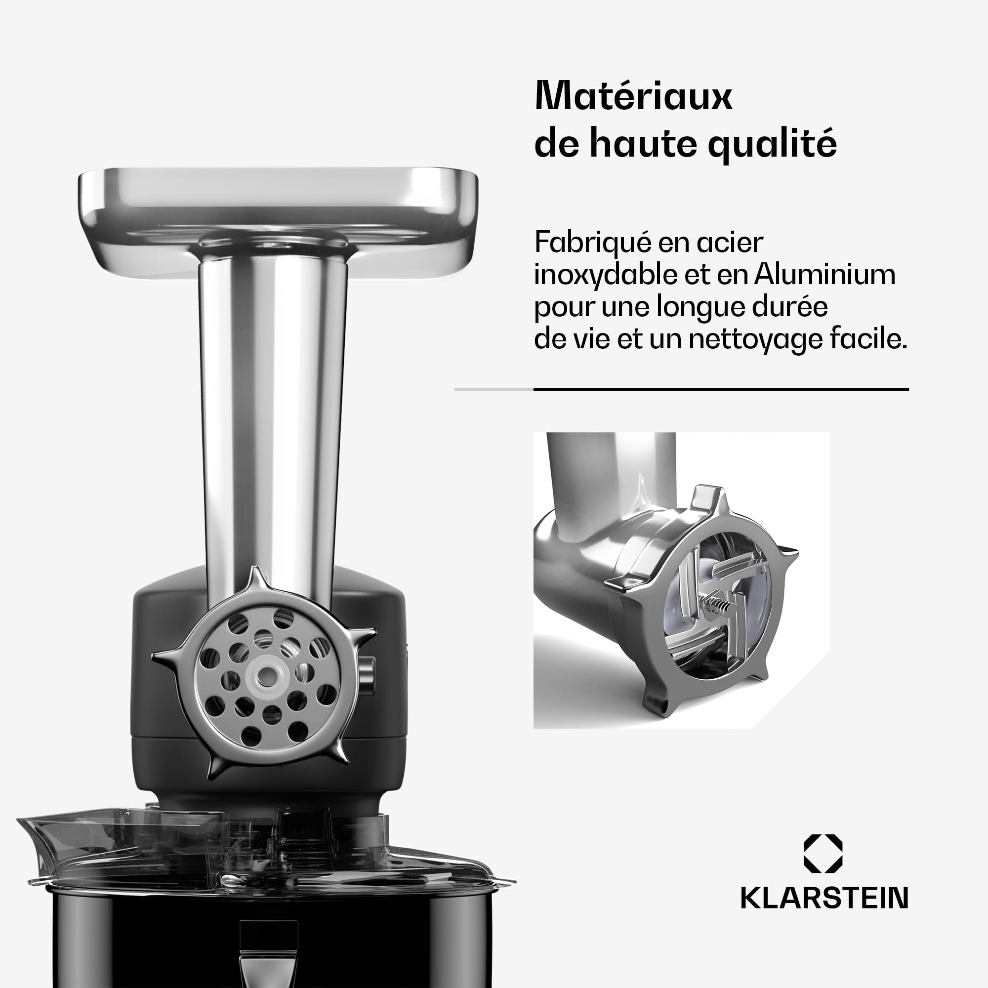 Klarstein Chiara hachoir pâtisserie – accessoire polyvalent, couteau 4 lames inox, 3 disques de coupe, préparation facile de saucisses, compatible avec le robot de cuisine Chiara