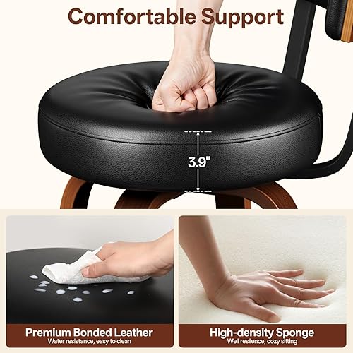 Miniatura 4 de Juego de 2 taburetes de bar giratorios de altura de mostrador, taburetes de bar tapizados de cuero regenerado de 26 pulgadas con respaldo, sillas de