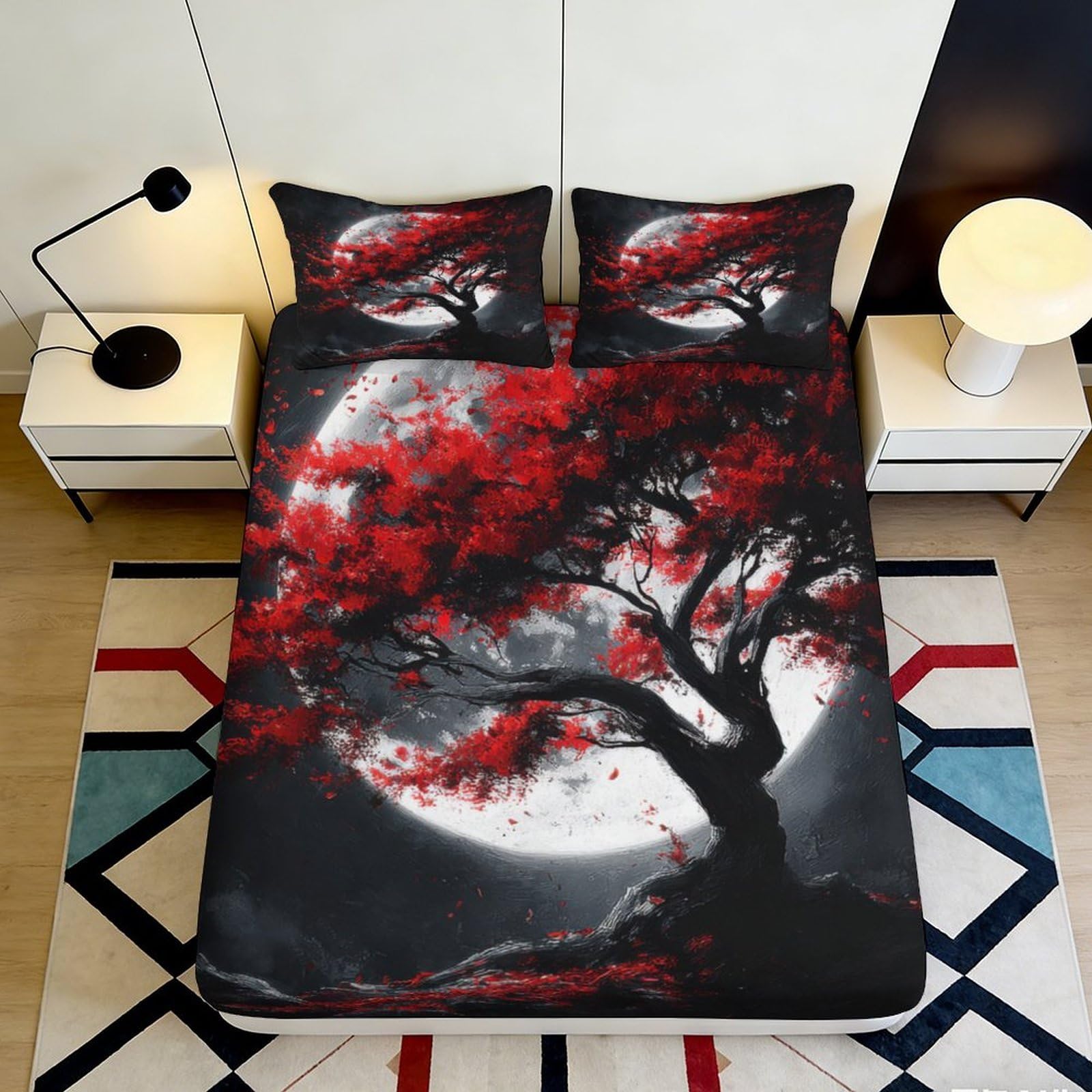 3D Printed Red Maple Moon Fitted Sheet Microfiber Soft Black White Tree Bed Cover for Bedroom Dorm Mattress Protection 90x200x25cm