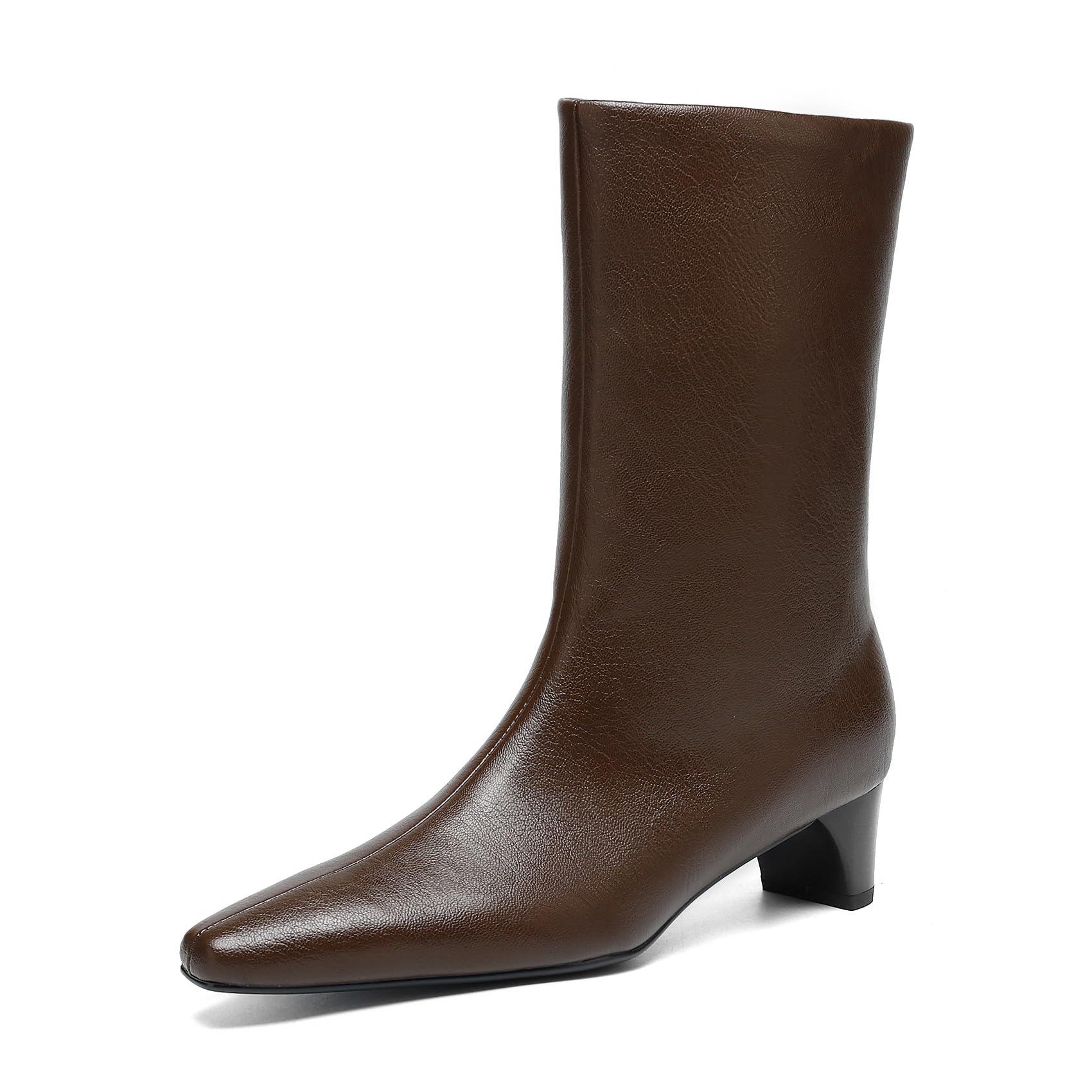 Womens Mid-Calf Leather Boots 1 6 Heel Square Toe Cowhide Upper Black and Brown